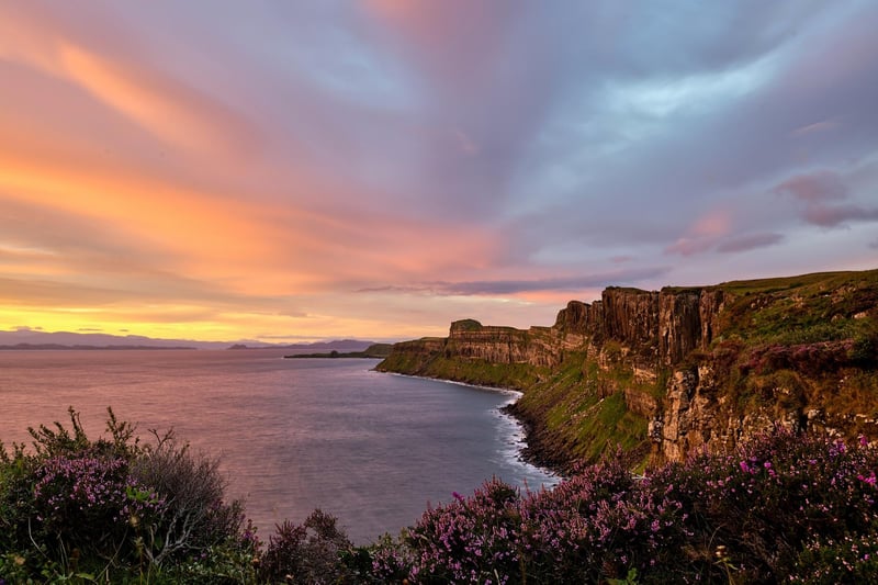 These ancient cliffs are composed of sea-weathered basalt columns that, with their multitude of colours, appear to resemble a kilt and its tartan for some. The cliffs' waterfall, Mealt Falls, sees a 55-metre drop into the sea.