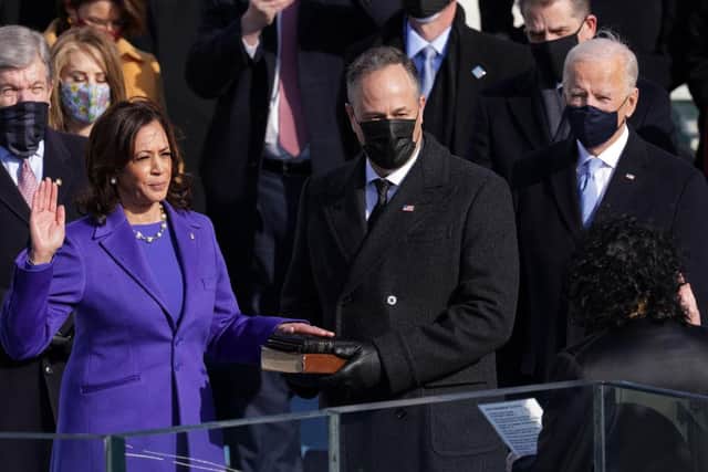 Kamala Harris is sworn in as US vice president as her husband Doug Emhoff and president-elect Joe Biden look on at the west front of the US Capitol on 20 January 2021. (Pic: Getty Images)