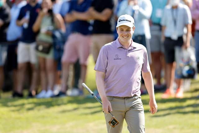 Bob MacIntyre reacts to hitting his tee shot at the 18th against Adam Long to around two feet in the WGC-Dell Technologies Match Play at Austin Country Club in Texas. Picture: Michael Reaves/Getty Images.