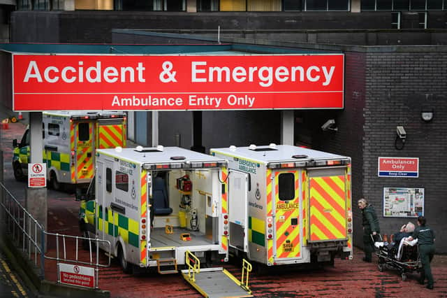 Ambulances sit at the accident and emergency at the Glasgow Royal hospital in Glasgow. Hospitals across the country are being stretched to the limit, with hundreds of patients facing long waiting times to be seen at A&E departments as the NHS is close to breaking point. Picture: Jeff J Mitchell/Getty Images