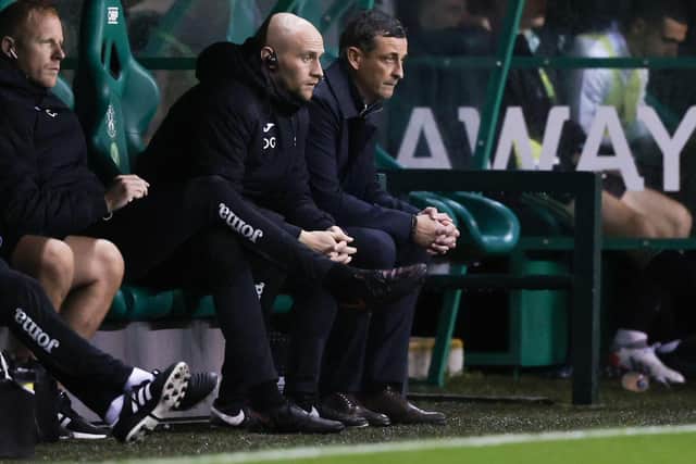 Hibs manager Jack Ross (right) with first team coach David Gray during the 3-1 defeat to Celtic. (Photo by Craig Williamson / SNS Group)