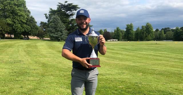 Conor O'Neil shows off the trophy after his victory in the Jessie May World Snooker Golf Championship at Donnington Grove. Picture: PGA EuroPro Tour