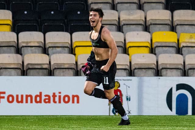 Thomas Robert celebrating after scoring for Airdrieonians against Livingston in the Betfred Cup. Picture: SNS