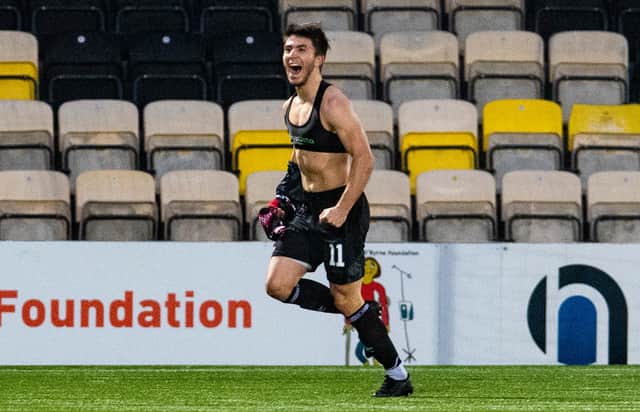 Thomas Robert celebrating after scoring for Airdrieonians against Livingston in the Betfred Cup. Picture: SNS