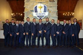 Padraig Harrington and his European players before the opening ceremony for the 43rd Ryder Cup at Whistling Straits. Picture: Andrew Redington/Getty Images.