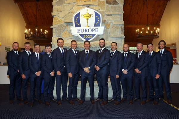Padraig Harrington and his European players before the opening ceremony for the 43rd Ryder Cup at Whistling Straits. Picture: Andrew Redington/Getty Images.