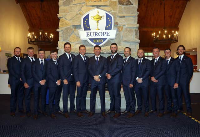 Padraig Harrington and his European players before the opening ceremony for the 43rd Ryder Cup at Whistling Straits. Picture: Andrew Redington/Getty Images.