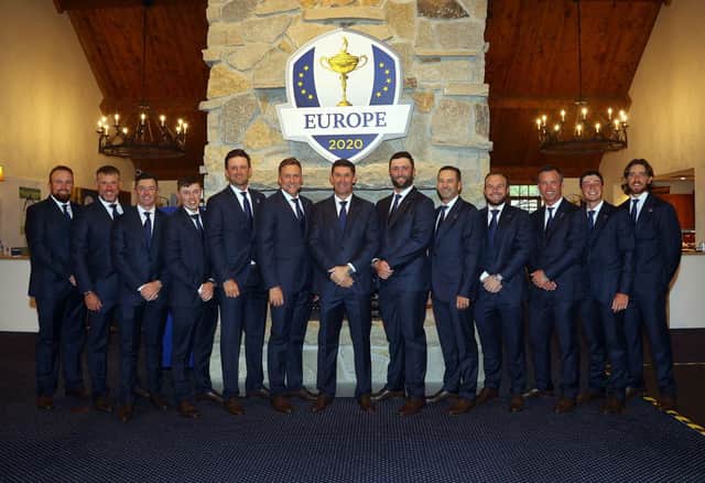 Padraig Harrington and his European players before the opening ceremony for the 43rd Ryder Cup at Whistling Straits. Picture: Andrew Redington/Getty Images.