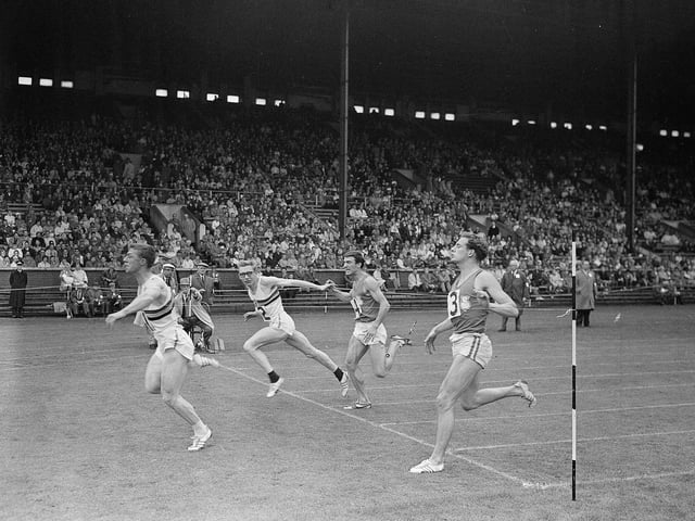 Highland Games at Murrayfield. This shows the 100 yard dash and the winner was H.Figeys of Belgium.