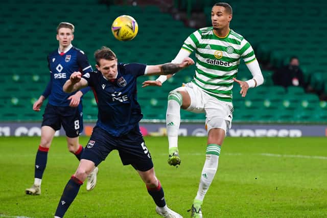 Celtic's Christopher Jullien (R) and Ross County's Callum Morris during the Parkhead side's recent win
