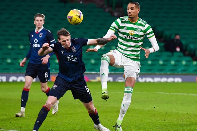 Celtic's Christopher Jullien (R) and Ross County's Callum Morris during the Parkhead side's recent win