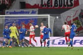 LEIPZIG, GERMANY - APRIL 28: Angelino of RB Leipzig scores their team's first goal during the UEFA Europa League Semi Final Leg One match between RB Leipzig and Rangers at Football Arena Leipzig on April 28, 2022 in Leipzig, Germany. (Photo by Martin Rose/Getty Images)