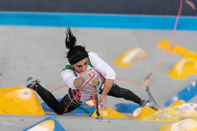 A handout picture provided by the International Federation of Sport Climbing (IFSC) shows Iranian climber Elnaz Rekabi competing during the women boulder finals of the Asian Championships of the IFSC in Seoul, South Korea. - Alarm grew on October 18, 2022 over the wellbeing of Iranian sports climber Elnaz Rekabi after she competed at an event in South Korea without a hijab in what some saw as a gesture of solidarity with the women-led protests at home. via Getty Images)