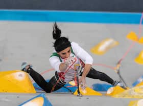 A handout picture provided by the International Federation of Sport Climbing (IFSC) shows Iranian climber Elnaz Rekabi competing during the women boulder finals of the Asian Championships of the IFSC in Seoul, South Korea. - Alarm grew on October 18, 2022 over the wellbeing of Iranian sports climber Elnaz Rekabi after she competed at an event in South Korea without a hijab in what some saw as a gesture of solidarity with the women-led protests at home. via Getty Images)