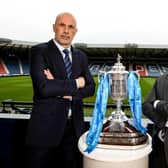 Rangers manager Philippe Clement and Celtic boss Brendan Rodgers with the Scottish Gas Scottish Cup at Hampden Park. (Photo by Craig Williamson / SNS Group)