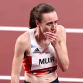 TOKYO, JAPAN - AUGUST 06: Laura Muir of Team Great Britain reacts after winning the silver medal during the Women's 1500 metres final on day fourteen of the Tokyo 2020 Olympic Games at Olympic Stadium on August 06, 2021 in Tokyo, Japan. (Photo by Ryan Pierse/Getty Images)