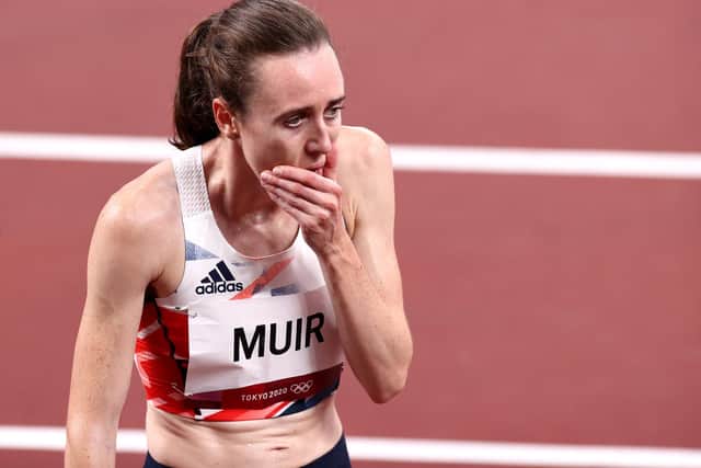 TOKYO, JAPAN - AUGUST 06: Laura Muir of Team Great Britain reacts after winning the silver medal during the Women's 1500 metres final on day fourteen of the Tokyo 2020 Olympic Games at Olympic Stadium on August 06, 2021 in Tokyo, Japan. (Photo by Ryan Pierse/Getty Images)