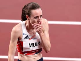 TOKYO, JAPAN - AUGUST 06: Laura Muir of Team Great Britain reacts after winning the silver medal during the Women's 1500 metres final on day fourteen of the Tokyo 2020 Olympic Games at Olympic Stadium on August 06, 2021 in Tokyo, Japan. (Photo by Ryan Pierse/Getty Images)