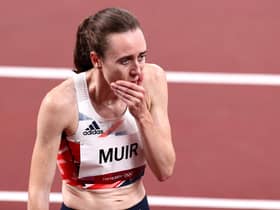 TOKYO, JAPAN - AUGUST 06: Laura Muir of Team Great Britain reacts after winning the silver medal during the Women's 1500 metres final on day fourteen of the Tokyo 2020 Olympic Games at Olympic Stadium on August 06, 2021 in Tokyo, Japan. (Photo by Ryan Pierse/Getty Images)