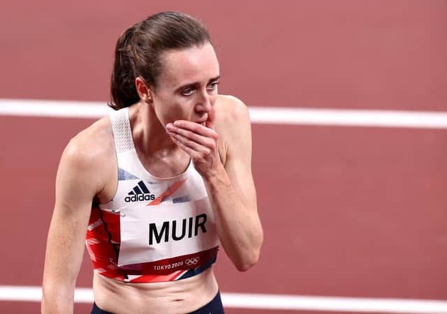 TOKYO, JAPAN - AUGUST 06: Laura Muir of Team Great Britain reacts after winning the silver medal during the Women's 1500 metres final on day fourteen of the Tokyo 2020 Olympic Games at Olympic Stadium on August 06, 2021 in Tokyo, Japan. (Photo by Ryan Pierse/Getty Images)