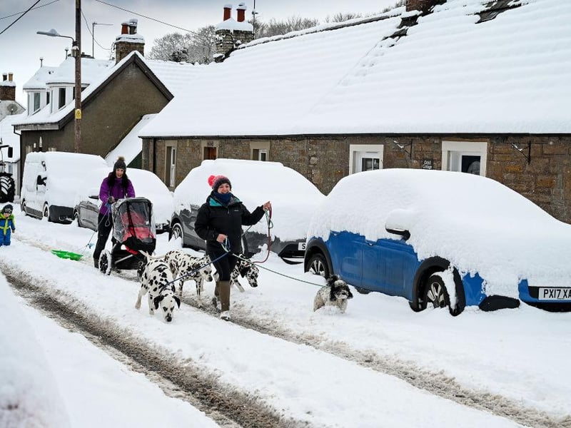 Members of the public can be seen taking their dogs for a walk in the deep snow in Dunning, Scotland.
