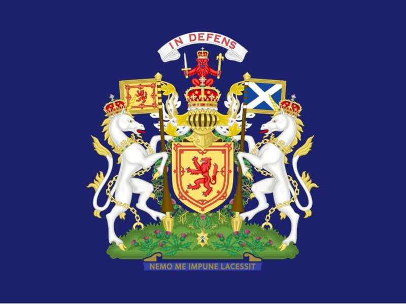 In 1715 this flag was used as The Royal coat of arms of the Kingdom of Scotland - it bears a scroll underneath with the motto "NEMO ME IMPUNE LACESSIT" which means “No one provokes me with impunity”.