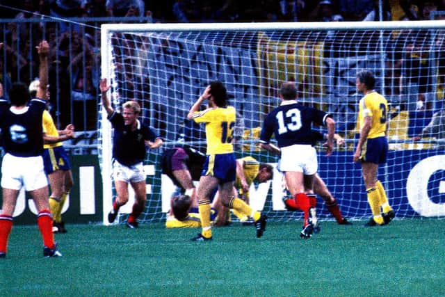 Scotland's Maurice Malpas (6, left), Mo Johnston and Gordon Durie celebrate Stuart McCall's goal that brought the country a 2-1 win over Sweden in Italia '90 and marked a reversal of fortunes that Alex McLeish believes the current squad are capable of against Armenia following their play-off elimination last week. (Photo SNS Group).