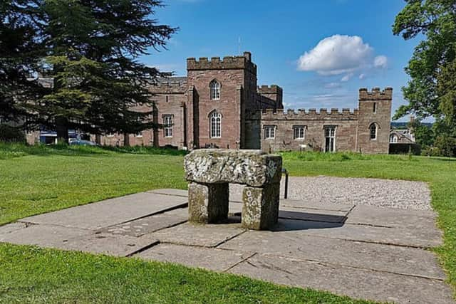 A replica of the Stone of Destiny in Scone, Scotland. Old Scone was formerly the historic capital of the Kingdom of Scotland.