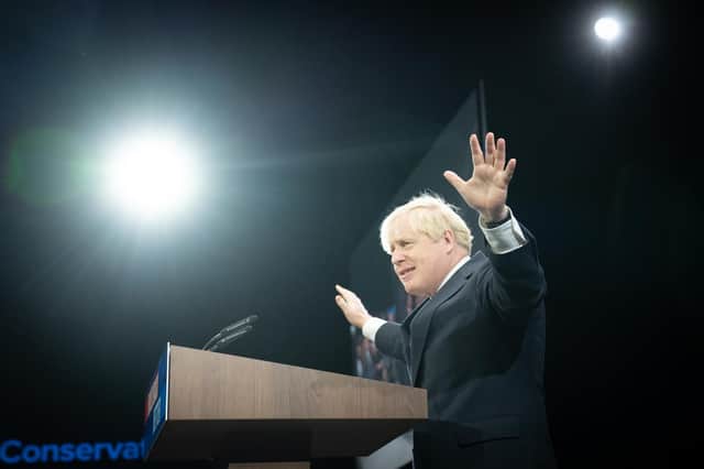 Boris Johnson delivers his keynote speech at the Conservative Party Conference in Manchester (Picture: Stefan Rousseau/PA)