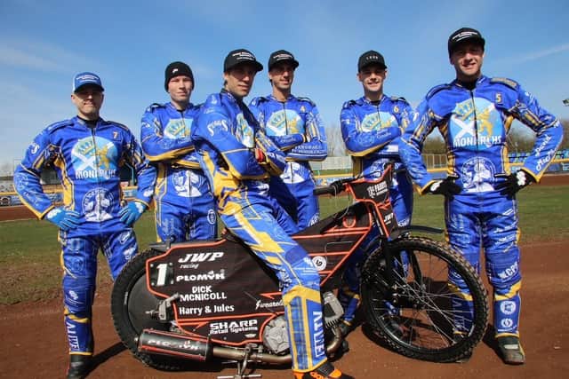 The 2022 Edinburgh Monarchs: James Sarjeant, Lasse Fredriksen, Kye Thomson, Jacob Hook, Josh Pickering, Cpt Sam Master (on bike) Pic by: Jack Cupido
