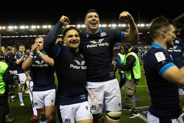 Grant Gilchrist, right, and Sione Tuipulotu celebrate the win over Wales at Murrayfield. (Photo by Craig Williamson / SNS Group)