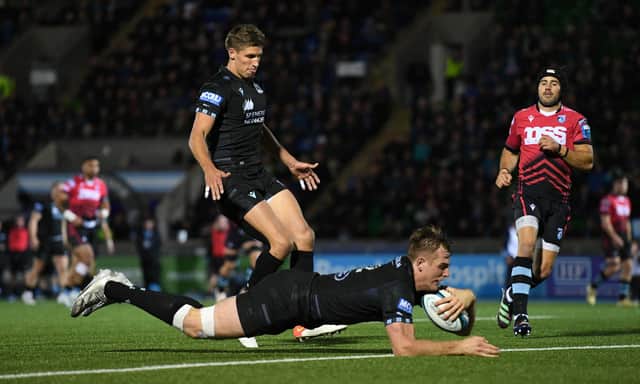 Stafford McDowall scores Glasgow's eighth and final try. (Photo by Ross MacDonald / SNS Group)