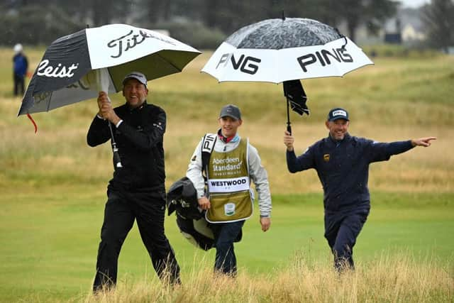 Ian Poulter and Lee Westwood share a laugh during the 2020 Scottish Open at The Renaissance Club. Picture: Ross Kinnaird/Getty Images.