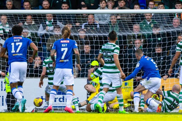 Alex Mitchell scores to make it 1-1 during the match between St Johnstone and Celtic.