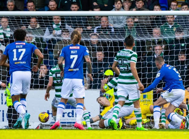 Alex Mitchell scores to make it 1-1 during the match between St Johnstone and Celtic.