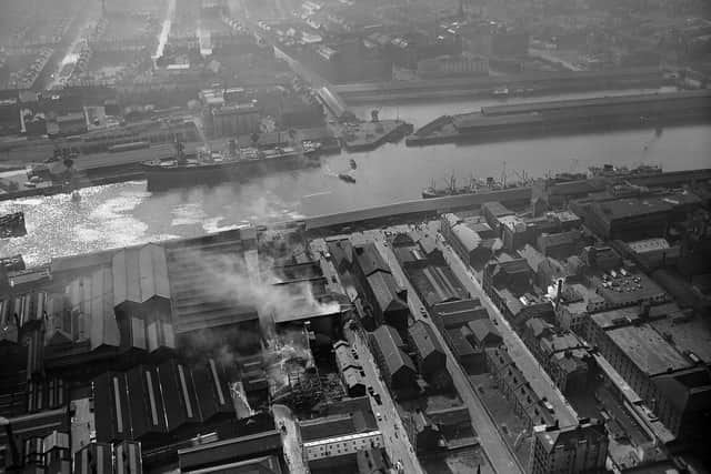 Arbuckle Smiths Whisky Bond Cheapside Street near Anderston Quay on the River Clyde in March 1960 - Aerial view