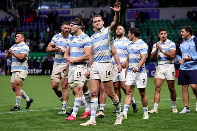 Emiliano Boffelli of Argentina acknowledges the fans at full-time following the win over Samoa.
