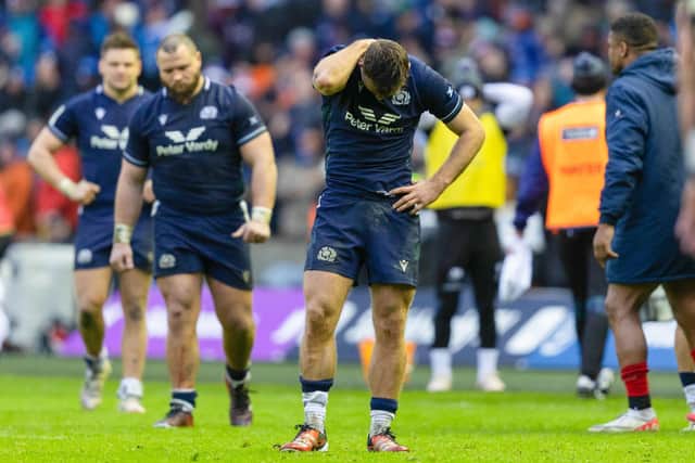 Scotland's Ben White looks dejected at full time after the 20-16 defeat to France at Murrayfield. (Photo by Ross Parker / SNS Group)