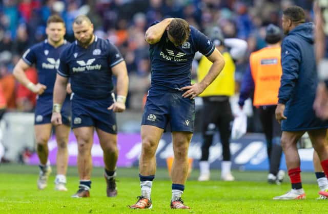 Scotland's Ben White looks dejected at full time after the 20-16 defeat to France at Murrayfield. (Photo by Ross Parker / SNS Group)