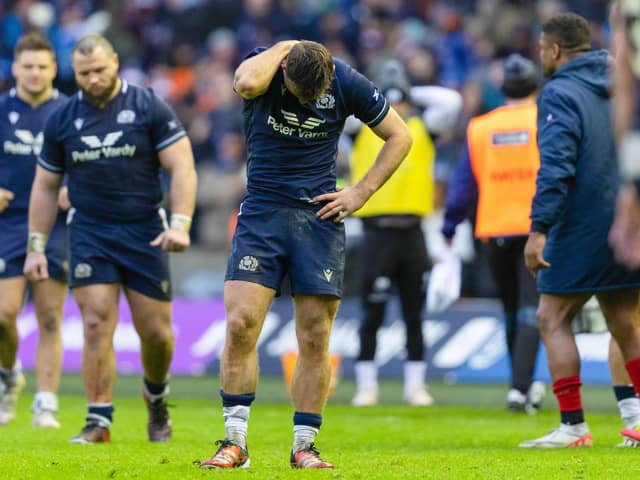 Scotland's Ben White looks dejected at full time after the 20-16 defeat to France at Murrayfield. (Photo by Ross Parker / SNS Group)