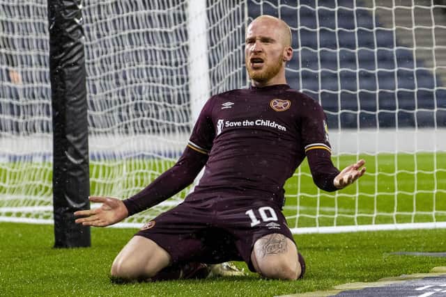 Liam Boyce celebrates after scoring to make it 2-1 during a Scottish Cup semi-final match between Hearts and Hibernian at in October 2020.