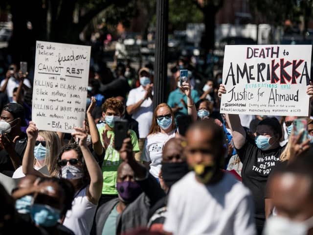 Demonstrators protested the shooting death of Ahmaud Arbery  on May 8, following the arrests of Gregory McMichael and Travis McMichael (Getty Images)