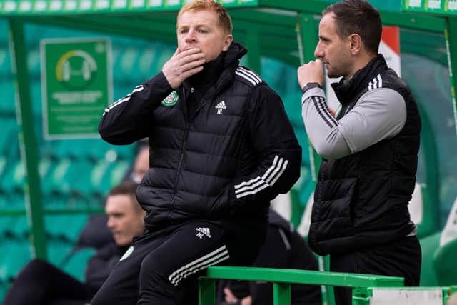 Celtic manager Neil Lennon looks frustrated with his assistant John Kennedy have plenty to ponder to avoid losing supporters trust in the drive for a  record 10th championship (Photo by Craig Williamson / SNS Group)