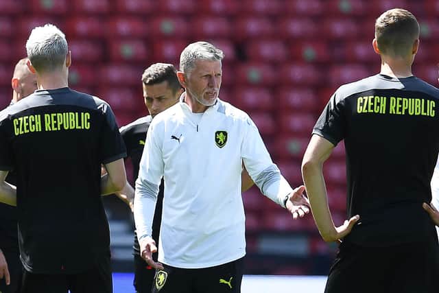 Czech Republic coach Jaroslav Silhavy speaks to his players during a training session at Hampden Park on Sunday (Photo by PAUL ELLIS/AFP via Getty Images)