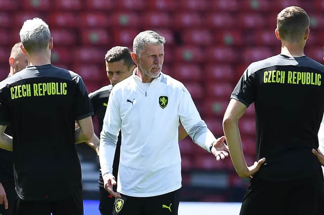 Czech Republic coach Jaroslav Silhavy speaks to his players during a training session at Hampden Park on Sunday (Photo by PAUL ELLIS/AFP via Getty Images)