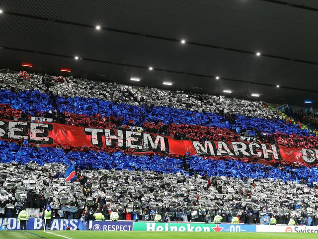 Rangers fans unfurl their display as the sides come out of the tunnel (Photo by Alan Harvey / SNS Group)