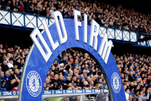 An archway reads 'Old Firm' during a cinch Premiership match between Rangers and Celtic at Ibrox Stadium, on April 02, 2022, in Glasgow, Scotland.  (Photo by Craig Williamson / SNS Group)