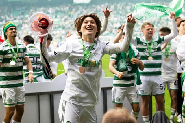 Kyogo Furuhashi came off injured but returned to the pitch to celebrate with the Celtic supporters.