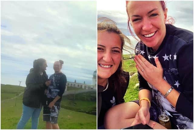 Jenna French and Lisa Molloy up Neist Point when Jenna proposed