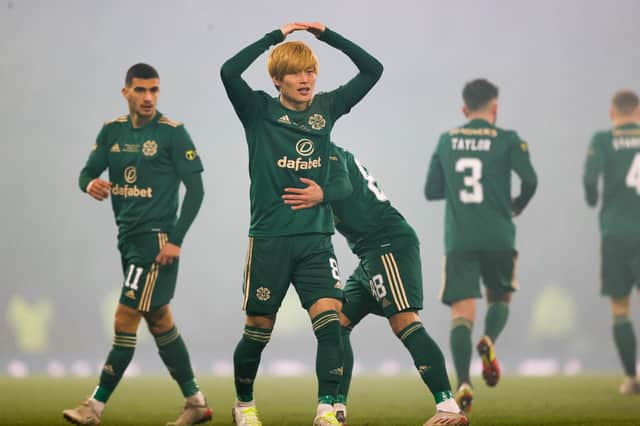 Celtic’s Kyogo Furuhashi performs his 'mushroom' celebration after scoring against Hibs in the Premier Sports Cup final at Hampden. (Photo by Craig Williamson / SNS Group)